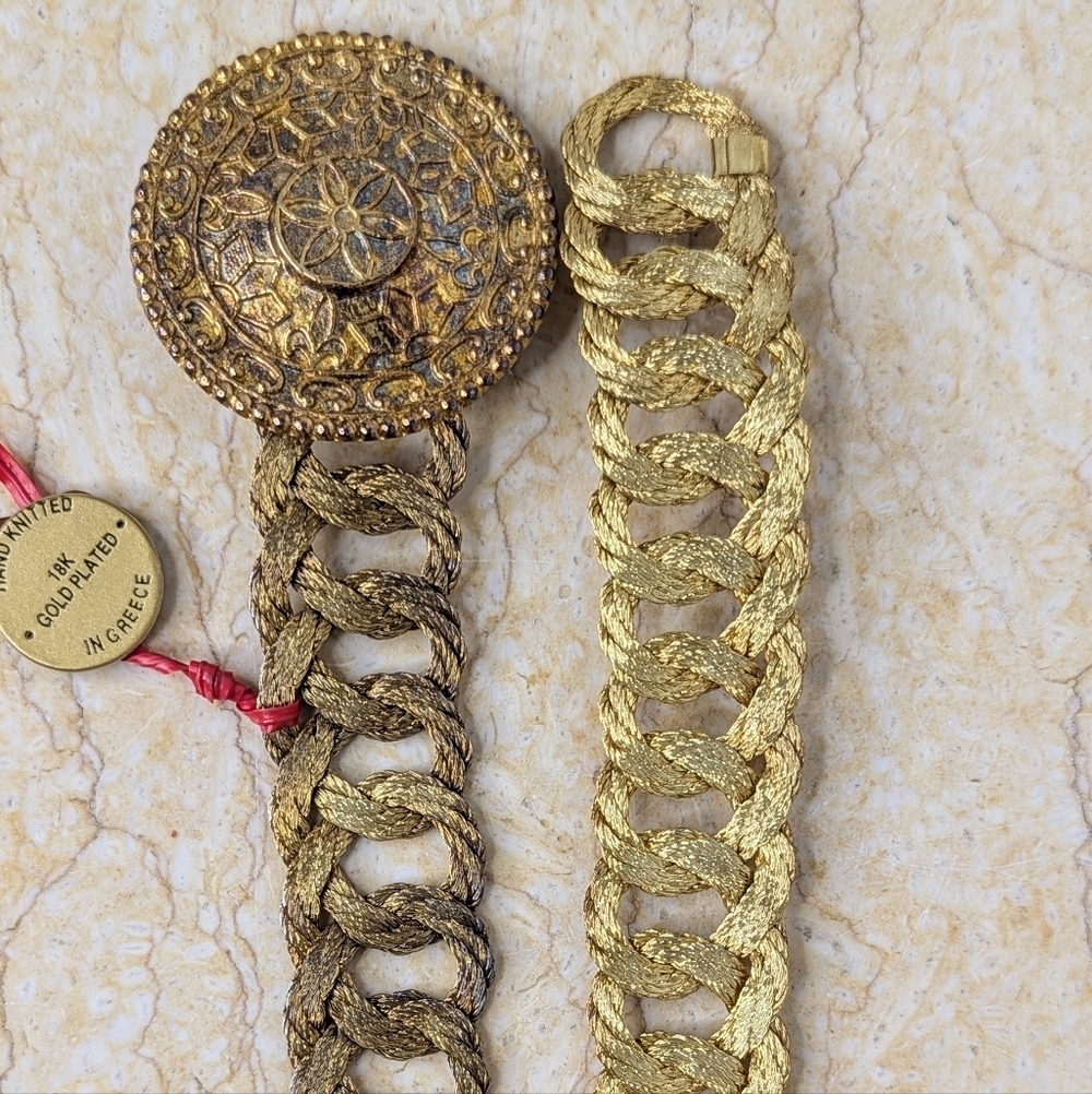 Vintage Grecian 18k Gold Plated Woven Wire Handmade Belt & Buckle - Picture 2 of 12